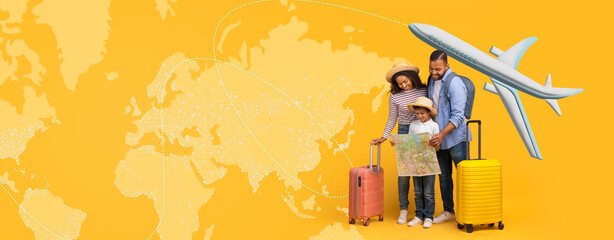 Family stands together with luggage and a map as they prepare for vacation. A world map is in the background and an airplane appears above them. They look excited about their trip. © Prostock-studio