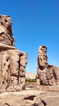 Vertical video panning slowly to the right revealing the massive Colossi of Memnon in Luxor, Egypt. Archaeology and tourism concept.