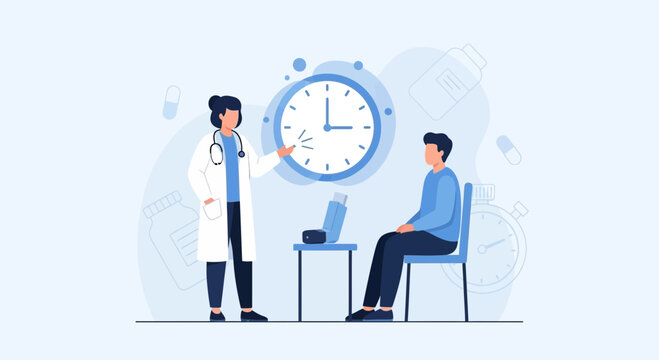 Doctor consulting patient near large clock, healthcare appointment, time management concept