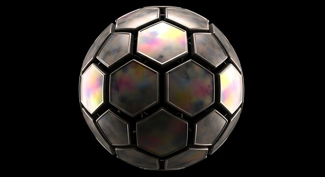 3D rendered close-up of a metallic soccer ball with hexagon panels against a black background