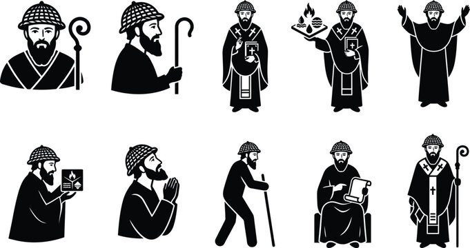 Schwarz-wei&szlig;e Vektorillustrationen eines b&auml;rtigen Mannes in verschiedenen Posen, der religi&ouml;se Symbole wie einen Hirtenstab und ein Buch h&auml;lt, dargestellt als M&ouml;nch oder Heiliger.