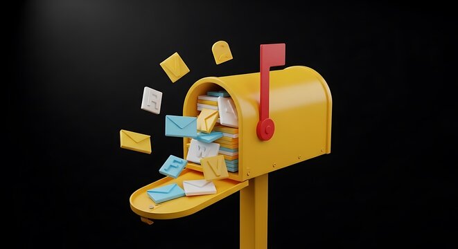 3D-rendered yellow mailbox overflowing with colorful floating letters against a dark backdrop