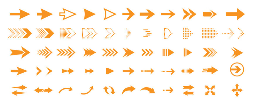 Assortment of Orange Arrows in Various Styles and Directions isolated on transparent background