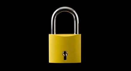 Naklejka premium A bright yellow padlock on a solid black background, showcasing its shape and keyhole