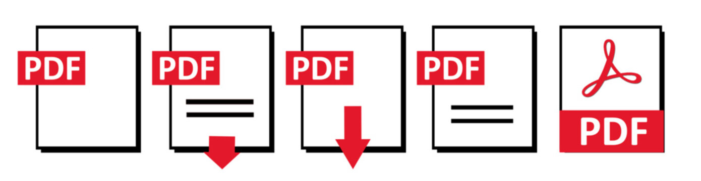 Banner PDF file format icons set. PDF file download symbols. Format for texts, images, vector images, videos, interactive forms symbol graphic