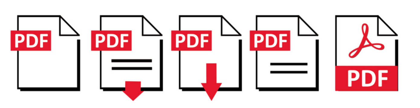 PDF file format icons set. PDF file download symbols. Format for texts, images, vector images, videos, interactive forms symbol graphic