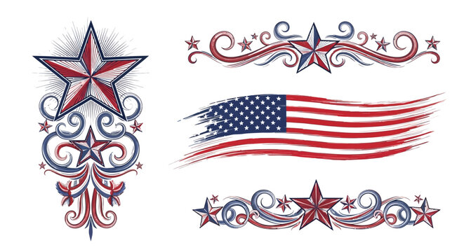 Vintage patriotic tattoo flash art american flag eagle and star design elements