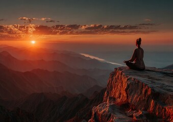 Obraz premium Person standing in yoga posture at mountain peak during sunset