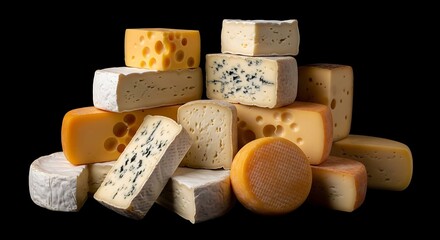 Fototapeta premium A colorful arrangement of various cheese blocks, types, and textures against a black background