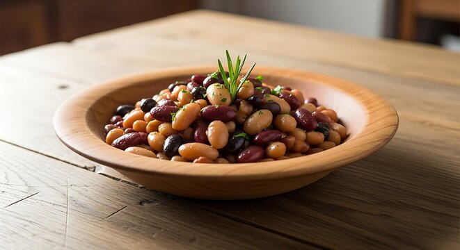 A wooden bowl overflowing with a colorful mix of baked beans, garnished with fresh herbs