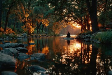 Obraz premium Person meditating by gentle stream in forest during sunset, reflecting inner calm