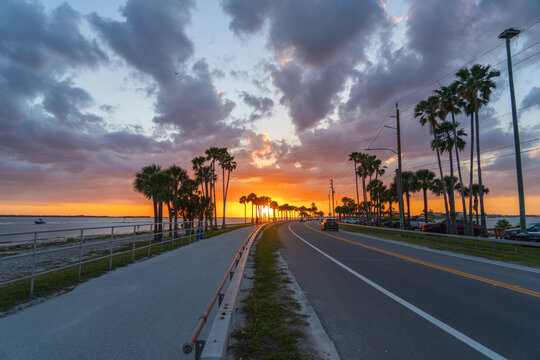 Sunset. Coastal road. Dunedin Causeway Florida. Scenic tropical seaside highway with palm trees along shoreline during colorful sunset sky evening travel landscape. Cars, ocean horizon dramatic clouds