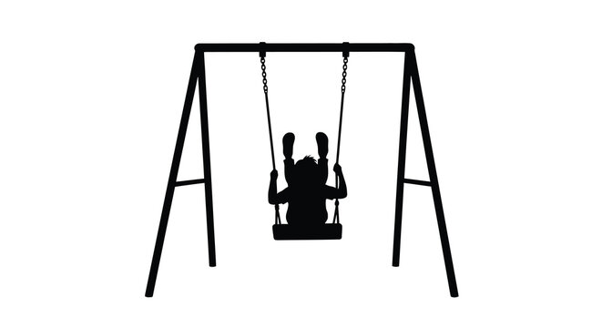 Silhouette of a child swinging on a swing set against a white background