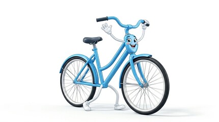 Fototapeta premium Active blue bicycle smiling brightly in a clean minimalist style. character design with cute face and thin stick limbs. Premium