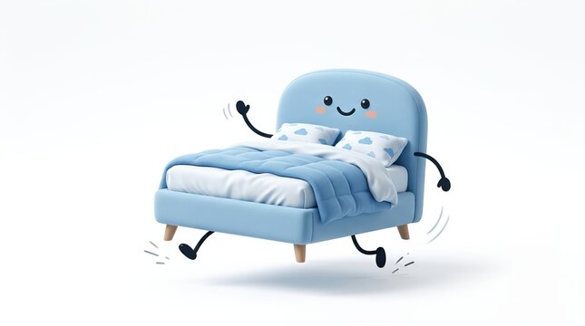 Soft blue bed skipping along in a clean minimalist style. character design with cute face and thin stick limbs. Premium quality,