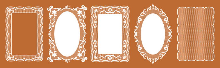 Vintage lace frame collection in grandma core. Whimsical lace doilies in crochet style with floral decorative borders. Botanical silhouettes, squiggle shapes for wedding invitations, greeting cards © loli