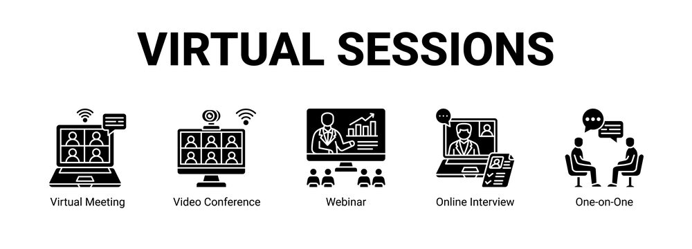 Virtual Sessions web banner icon concept, with Virtual Meeting, Video Conference, Webinar, Online.