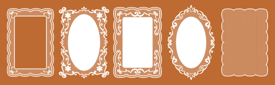 Vintage lace frame collection in grandma core. Whimsical lace doilies in crochet style with floral decorative borders. Botanical silhouettes, squiggle shapes for wedding invitations, greeting cards