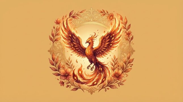 Flaming phoenix with burning wings surrounded by botanical wreaths and ornate patterns.. Elegant circular composition, soft