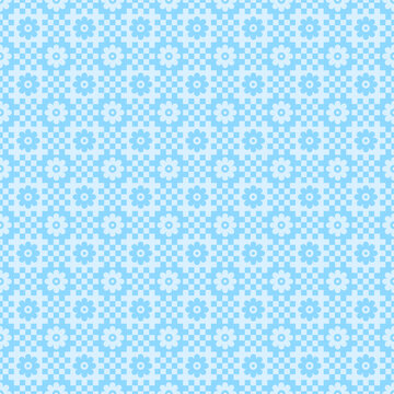 Blue Vichy Background With Flower. Gingham Seamless Pattern. Easter Print.