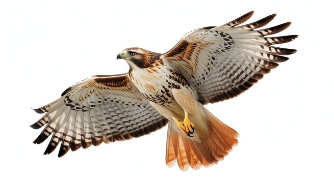 Red tailed hawk in flight with wings spread wide bird of prey