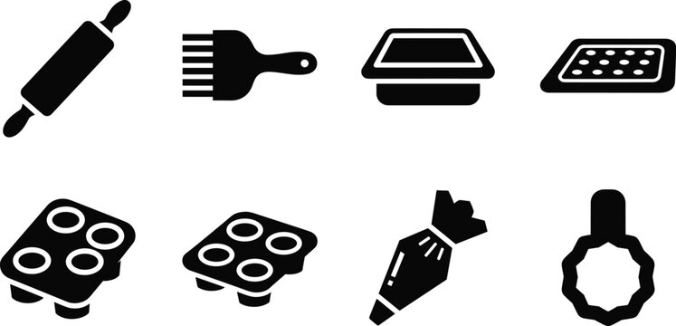 Baking and kitchen tools silhouette vector icon set featuring rolling pin pastry brush baking tray muffin pan piping bag and cookie cutter isolated on white background