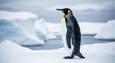 Fototapeta premium A majestic penguin stands tall on a snowy, icy terrain with a water background