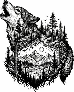 A wolf with mountains and trees in the background