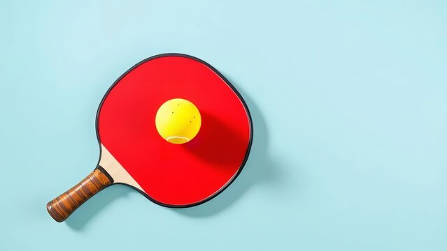 Red ping pong paddle with yellow ball on light blue background