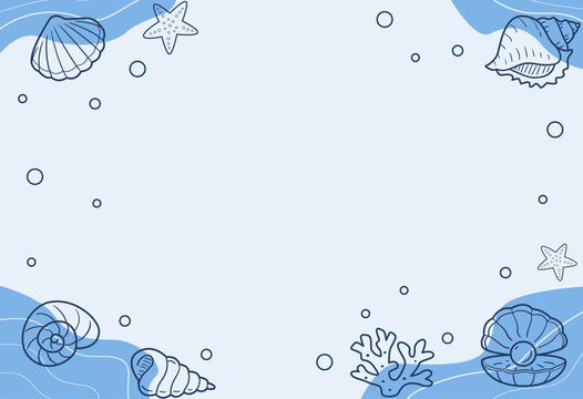 Minimal Coastal Background with Seashells Starfish and Coral Marine Frame Design