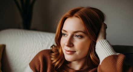Naklejka premium A woman with auburn hair rests her head on her hand, looking thoughtfully aside