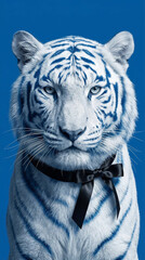 Fototapeta premium majestic white tiger with black ribbon against blue background, powerful and elegant aura