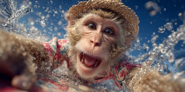 Cute monkey wearing a straw hat and Hawaiian shirt surfing a big ocean wave. Dynamic funny animal summer holiday concept.