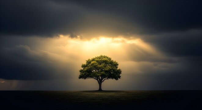 Solitary green tree under dramatic sunbeams, majestic oak tree in dark stormy landscape, spiritual light shining through clouds on lone tree