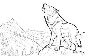 Fototapeta premium Wolf howling drawing with mountains and intricate line art design