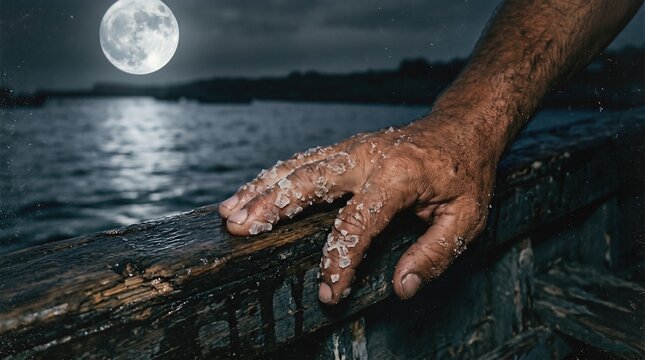 Weathered Fisherman's Hand Covered in Coarse Sea Salt Resting on a Wooden Boat Gunwale Under a Bright Full Moon at Night