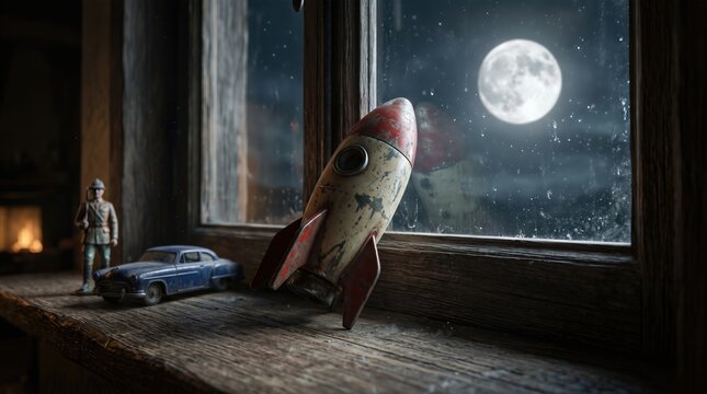 Vintage tin toy rocket and classic blue car on a rustic wooden windowsill at night with a bright full moon shining through the window, nostalgic childhood dream concept