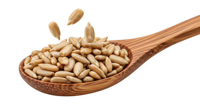Peeled sunflower seeds in wooden spoon, organic hulled sunflower kernels falling into spoon, healthy snack ingredients on white background