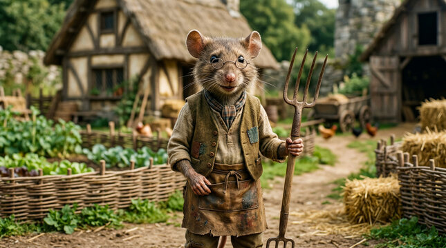 A charming mouse dressed as a farmer holding tools in a rustic village setting, rendered with detailed textures and storytelling elements.