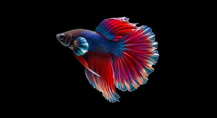 Fototapeta premium A vibrant Siamese fighting fish, with flowing fins, floats against a stark black backdrop