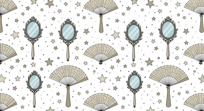 Hand-drawn seamless pattern showcasing vintage hand mirrors, decorative folding fans, and stars over a neutral background for textiles and wallpaper.