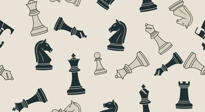 Seamless pattern of various chess pieces including knights, queens, bishops, and pawns in black and white on a light background.