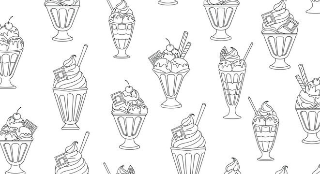 Black and white seamless pattern of various ice cream sundaes in glass bowls with toppings like cherries and chocolate.