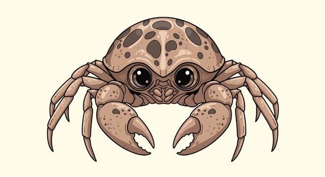 Detailed cartoon illustration of a brown crab with large eyes and a spotted shell isolated on a plain background.
