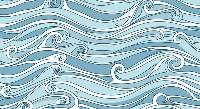 Decorative seamless pattern of blue ocean waves with curled crests and flowing lines for a nautical and serene marine background.