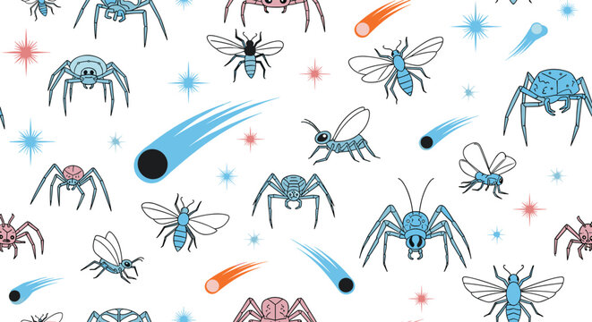 Whimsical seamless pattern featuring celestial insects like spiders and beetles among flying comets and stars in a fun outer space theme.