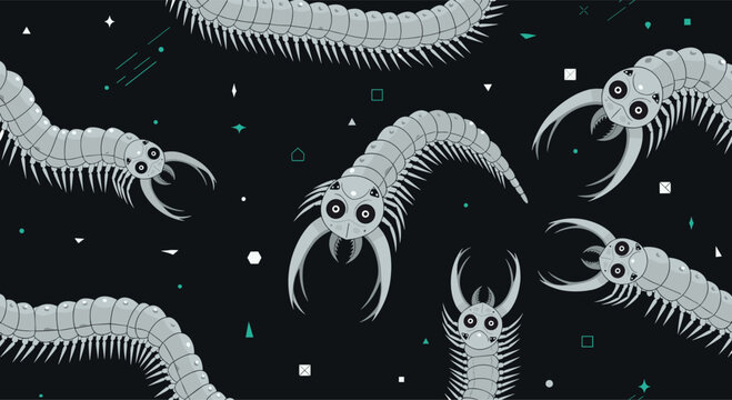 Surreal seamless pattern featuring large white centipedes floating through a dark space background with stars and geometric shapes.