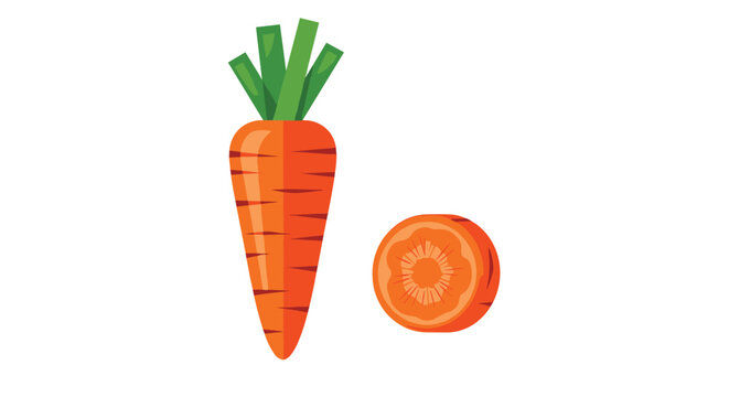 Fresh orange carrot with vibrant green leaves shown alongside a single round slice to display the internal texture and color of the vegetable.
