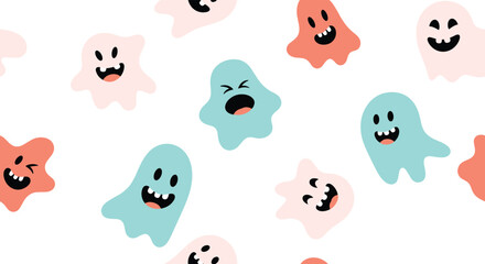 Naklejka premium Seamless pattern featuring cute and colorful ghosts with various happy facial expressions on a plain white background.