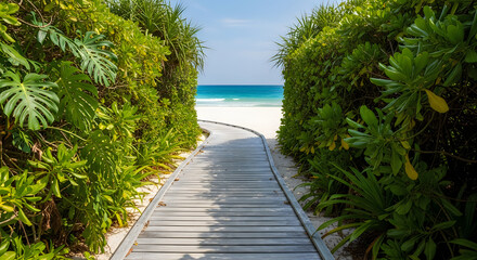 Fototapeta premium Serene tropical path leading to a tranquil beach view amidst lush greenery illustration